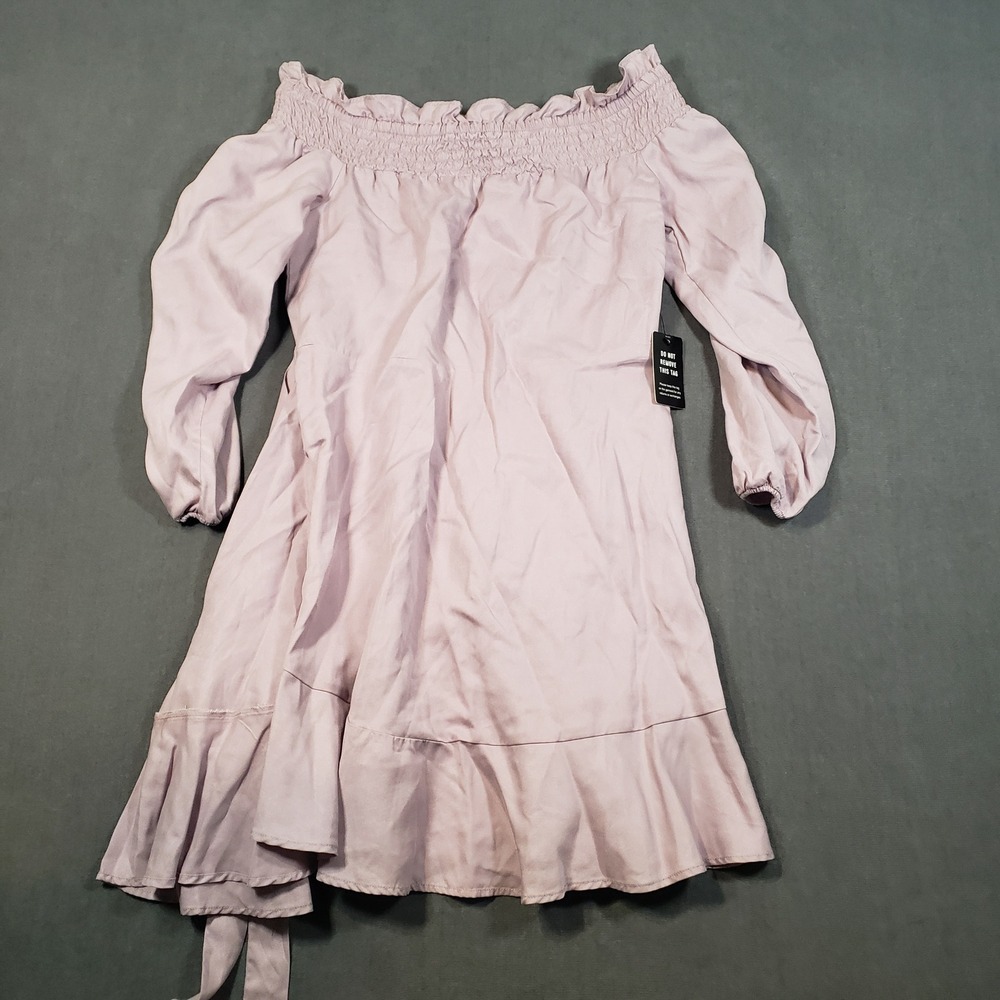 Express Off-The-Shoulder Dress Womens Small Lavender Smocked‎ Ruffle Lyocell
